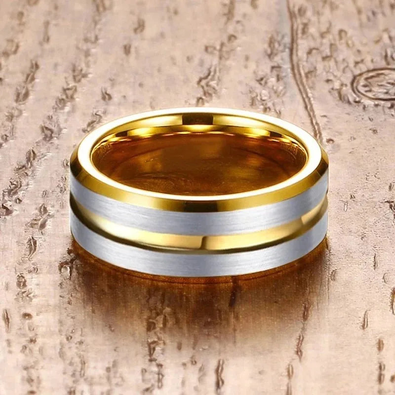Fashion Gold Color Stainless Steel Rings For Men Silver Color Brushed Beveled Edge Engagement Rings Men Wedding Band Jewelry