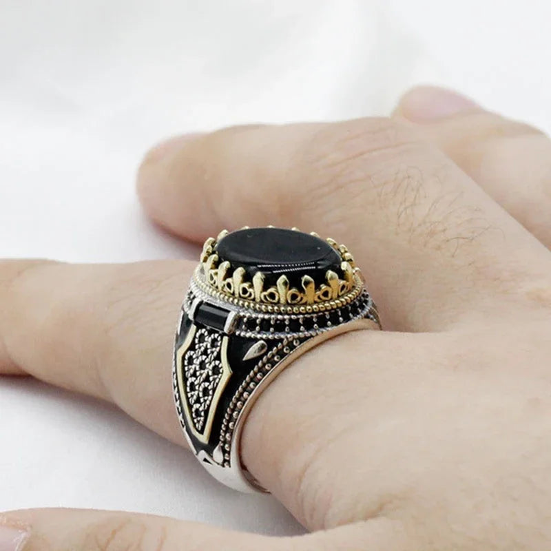 New Retro Handmade Turkish Rings for Men Vintage Double Swords Black Zircon Rings Punk 2024 Trendy Islamic Religious Muslim
