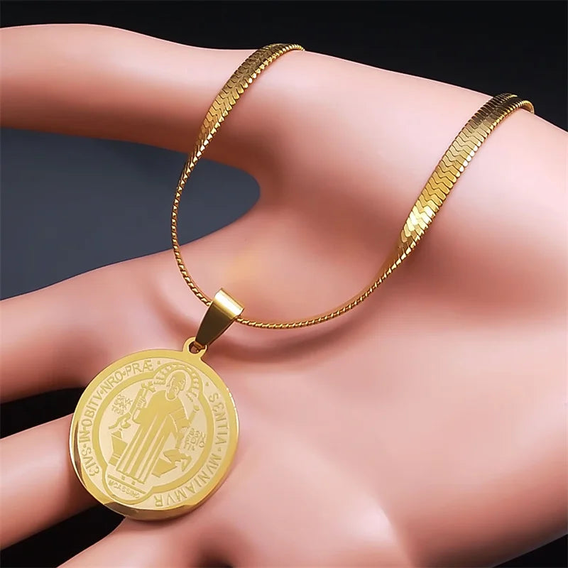 Hip Hop Saint Benedict Medallion Pendant Necklace Men Stainless Steel Snake Chain Choker Necklaces Jewelry San Benito Collares