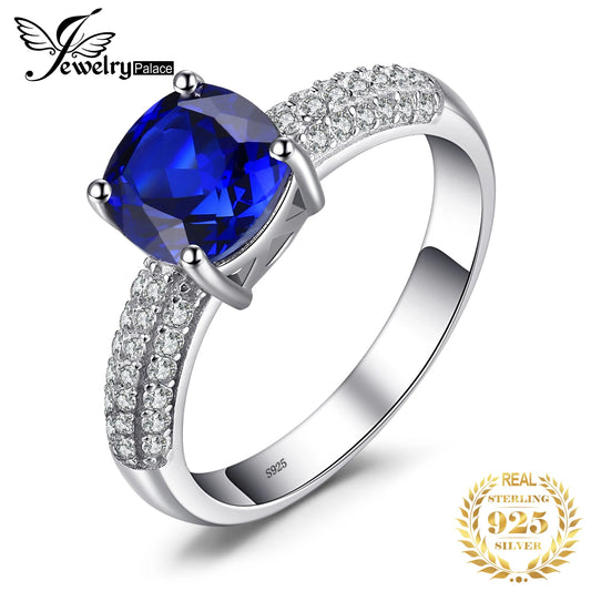 JewelryPalace Cushion 2.2ct Created Blue Sapphire 925 Sterling Silver Ring for Women Fashion Statement Gemstone Engagement Ring