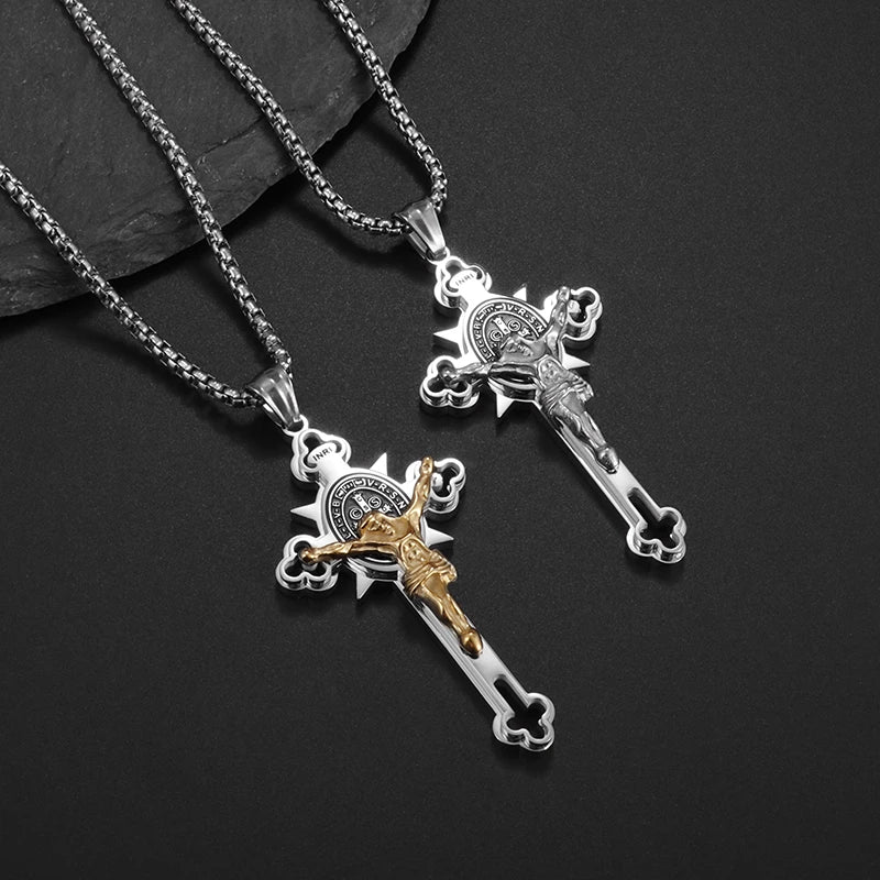 Italian Christian Saint St. Benedict Cross Stainless Steel Necklace Pendant Men and Women Religion Catholic Jesus Amulet Jewelry