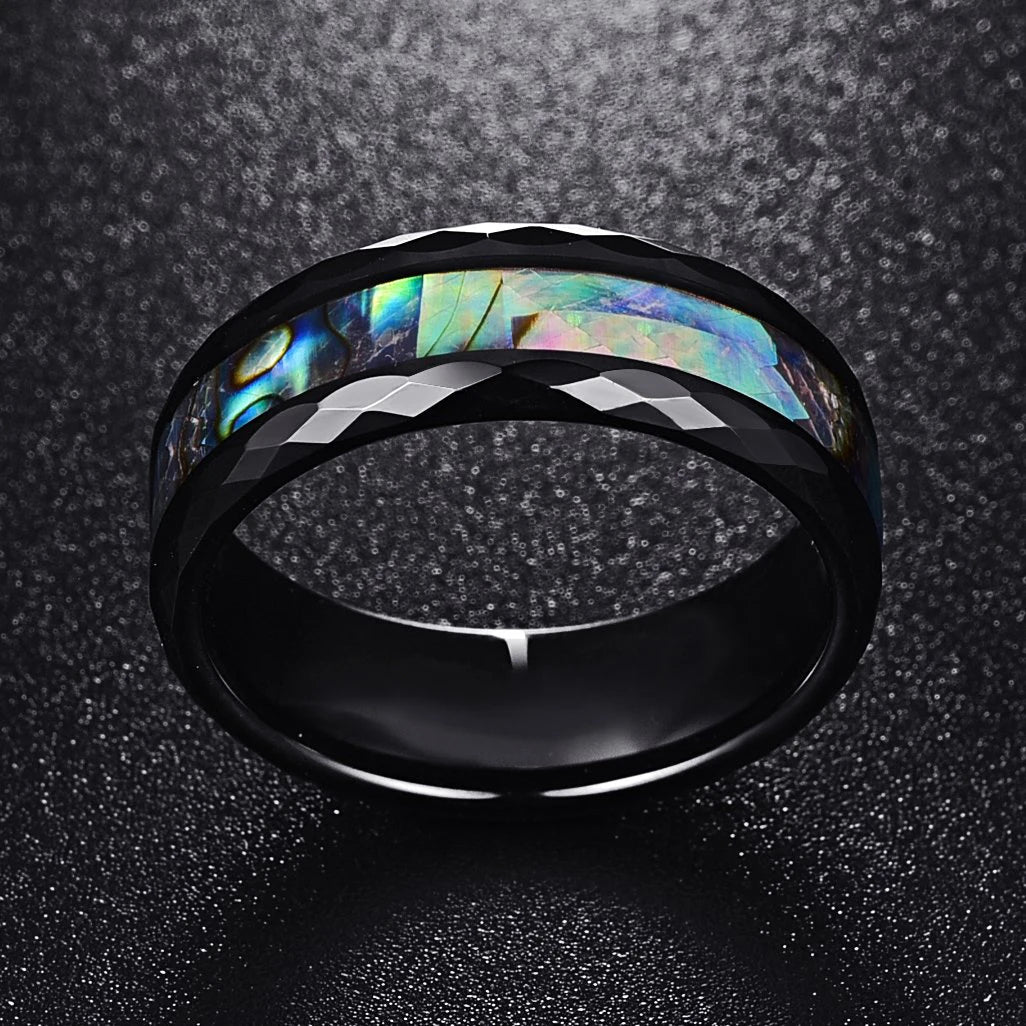 Fashion 8MM Rose Gold Color Stainless Steel Rings For Men Women Colorful Abalone Shell  Inlaid Men Rings Wedding Party Jewelry