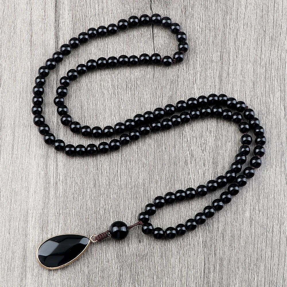 Shiny Black Onyx Natural Stone Beaded Necklaces&Bracelet Men 108 Japamala Pandent Prayer Necklace Handmade Women Healing Jewelry