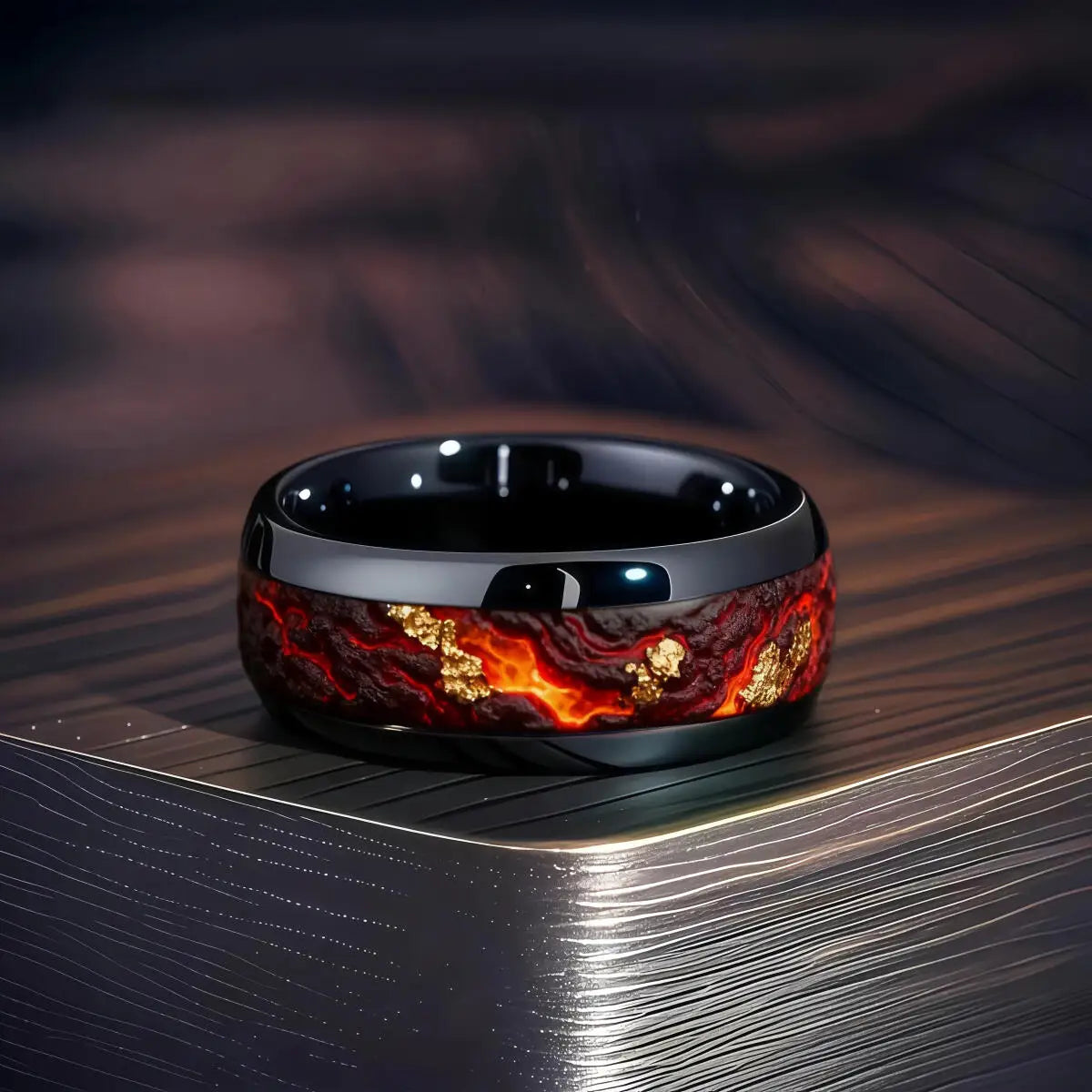 Fashion Black Men Stainless Steel Ring with Volcanic Lava and Golden Foil Pattern Inlay Rings for Men Wedding Jewelry Drop Ship