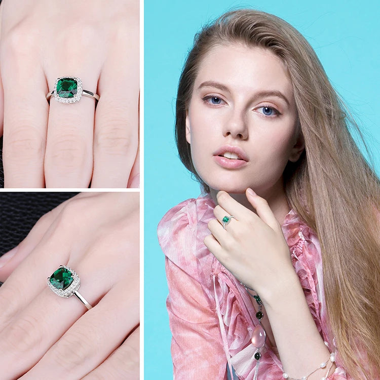 JewelryPalace Green Simulated Nano Emerald  925 Sterling Silver Rings for Women Halo Engagement Ring Statement Gemstones Jewelry