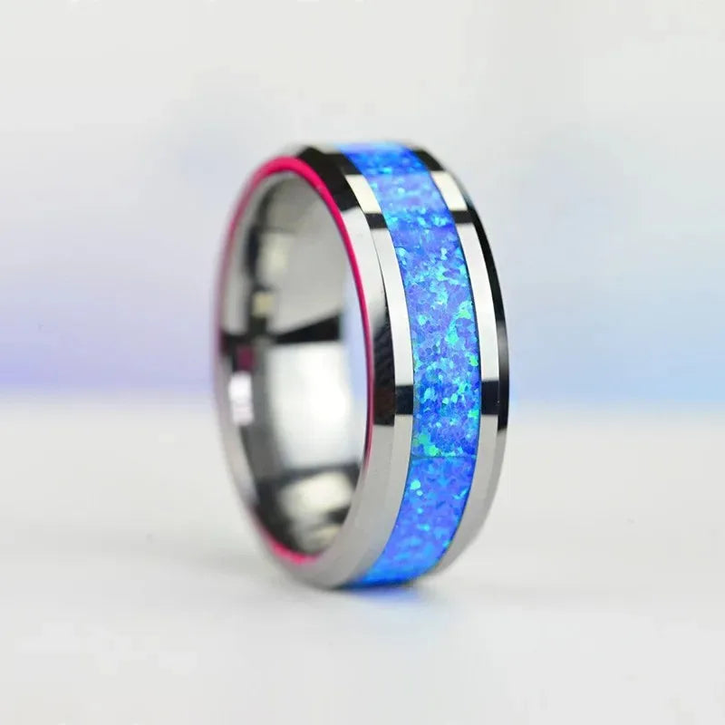 Fashion 8mm Men Stainless Steel Rings Inlay Blue Opal Never Faded Engagement Promise Rings For Men Women Wedding Band Jewelry