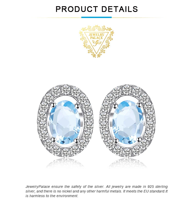 JewelryPalace Oval 1ct Natural Sky Blue Topaz 925 Sterling Silver Stud Earrings for Women Fashion Gemstone Jewelry Party Gifts