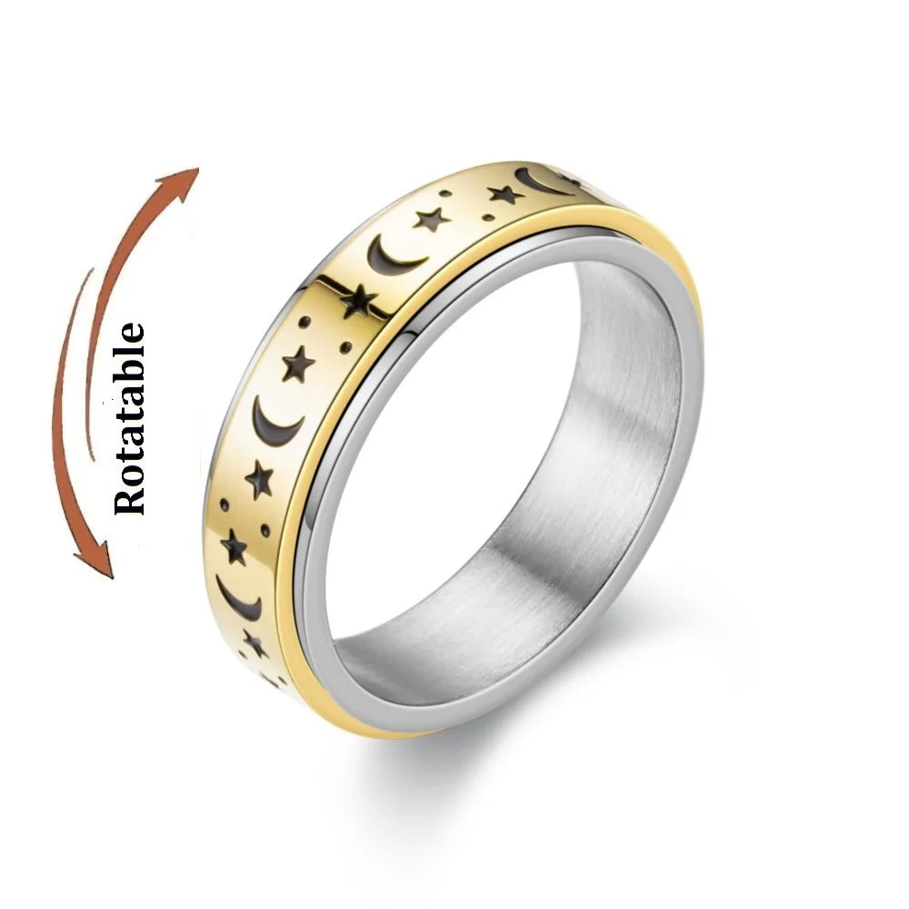 Frosted Stainless Steel Moon And Star Fidget Rings For Men Anti Stress And Anxiety Rotating Ring Fidget Metal Spinner Anillos