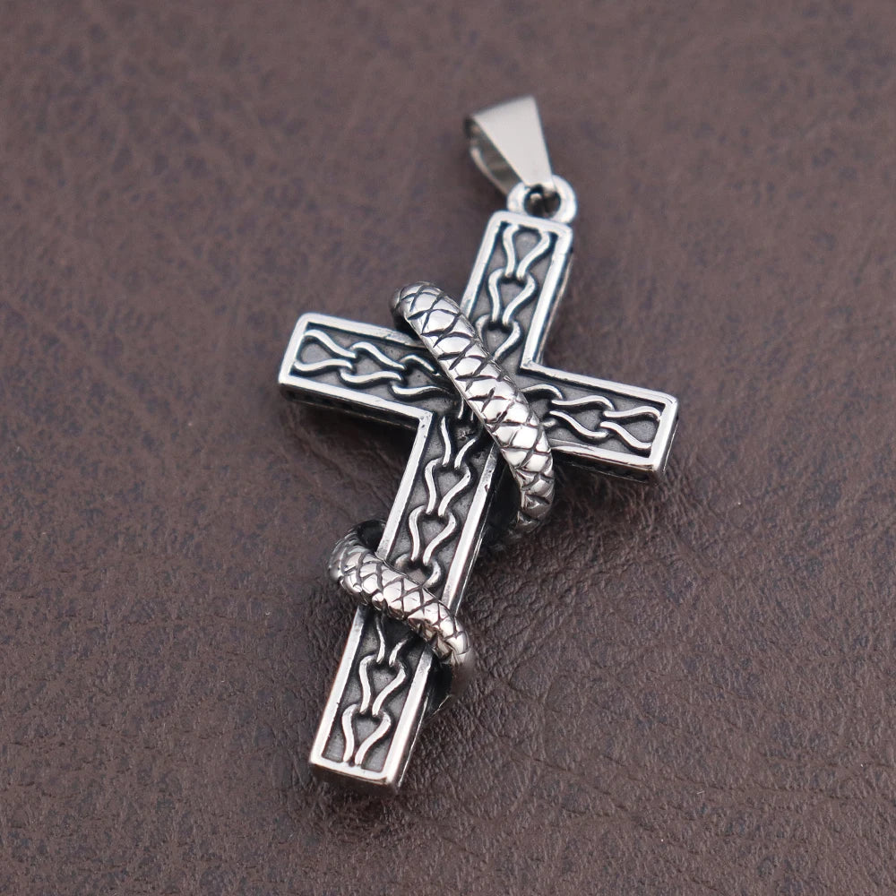 Gothic Religious Creative Snake Cross Neckalce for Men Gift Stainless Steel Vintage Punk Snake Pendant Halloween Amulet Jewelry