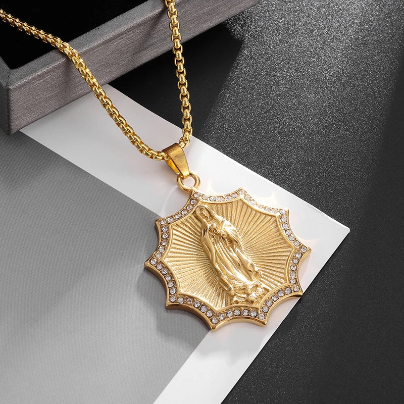 Classic Catholic Virgin Mary Square Pendant Necklace for Men Women Christian Religious Prayer Amulets Jewelry Gifts