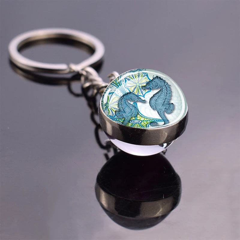 Blue Sea Keychain Marine Organisms Cute Key Chain Double Sided Glass Ball Pendant Dolphins Turtles Starfish Keyring Jewelry Gift As show 21