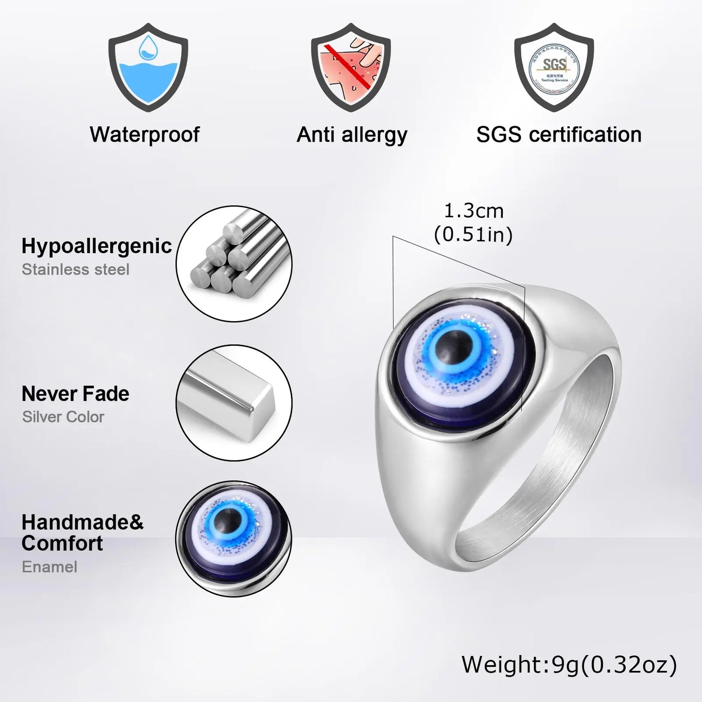 Hip Hop Evil Eye Ring for Men,Stainless Steel Blue Devil's Eye Signet Ring,Punk Eyeball Jewelry Gift