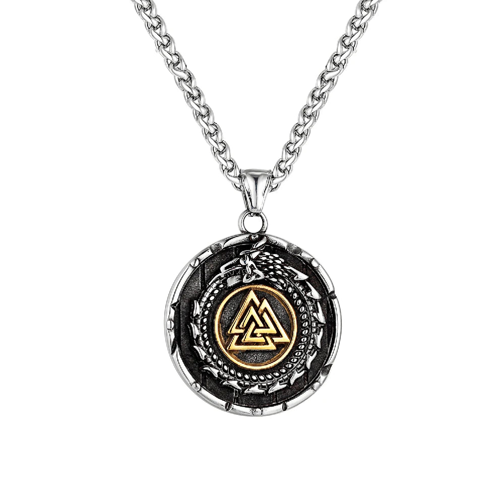 Vikings Ouroboros Dragon Necklace Men Stainless Steel Norse Runes Triangle Pendant Amulet Scandinavian Jewelry Vintage Male Gift