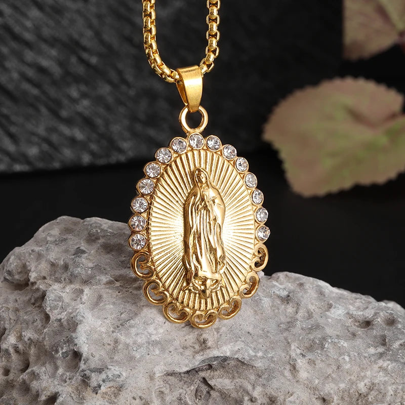 Classic Catholic Virgin Mary Square Pendant Necklace for Men Women Christian Religious Prayer Amulets Jewelry Gifts