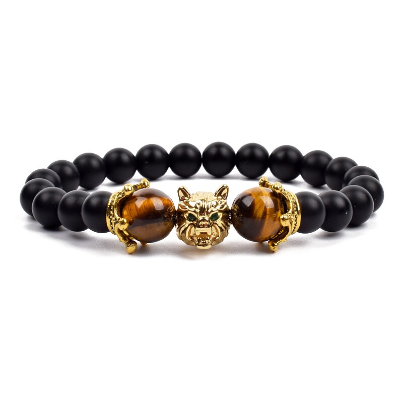 Wolf Charm Bracelets Men Natural Black Agates Onyx Stone Bracelet Brave Blue Tiger Eye Elastic 8 mm Beads Jewelry Beaded Pulsera Yellow tiger eye 7