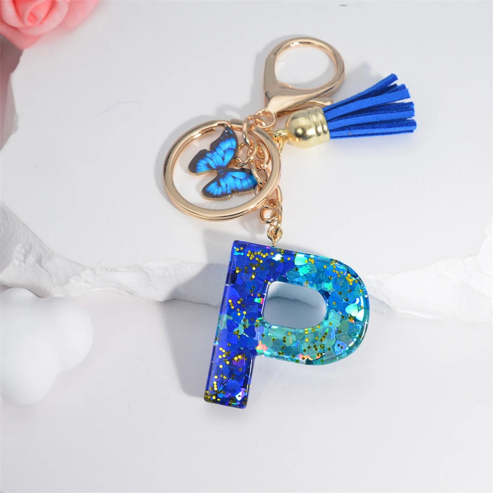 Sea Blue A To Z 26 Letter Keychain Women Wallet Charms 26 Initials Alphabet Butterfly Tassel Pendant With Key Rings Jewelry Gift P 55mm