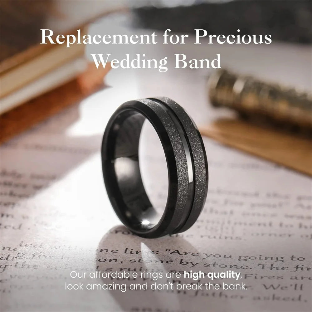 Trendy 8mm Men Frosted Stainless Steel Rings Silver Color Brushed Groove Beveled Edge Engagement Rings For Men Wedding Jewelry