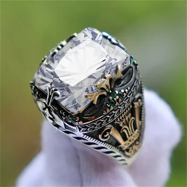 New Retro Handmade Turkish Rings for Men Vintage Double Swords Black Zircon Rings Punk 2024 Trendy Islamic Religious Muslim