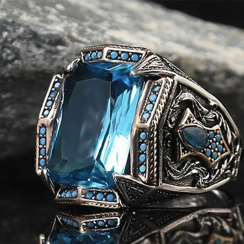 Retro Turkish Handmade Men Rings Vintage Carved Pattern Red/Blue/Rainbow Zircon Rings Rock Punk Islamic Muslim Wedding Jewelry