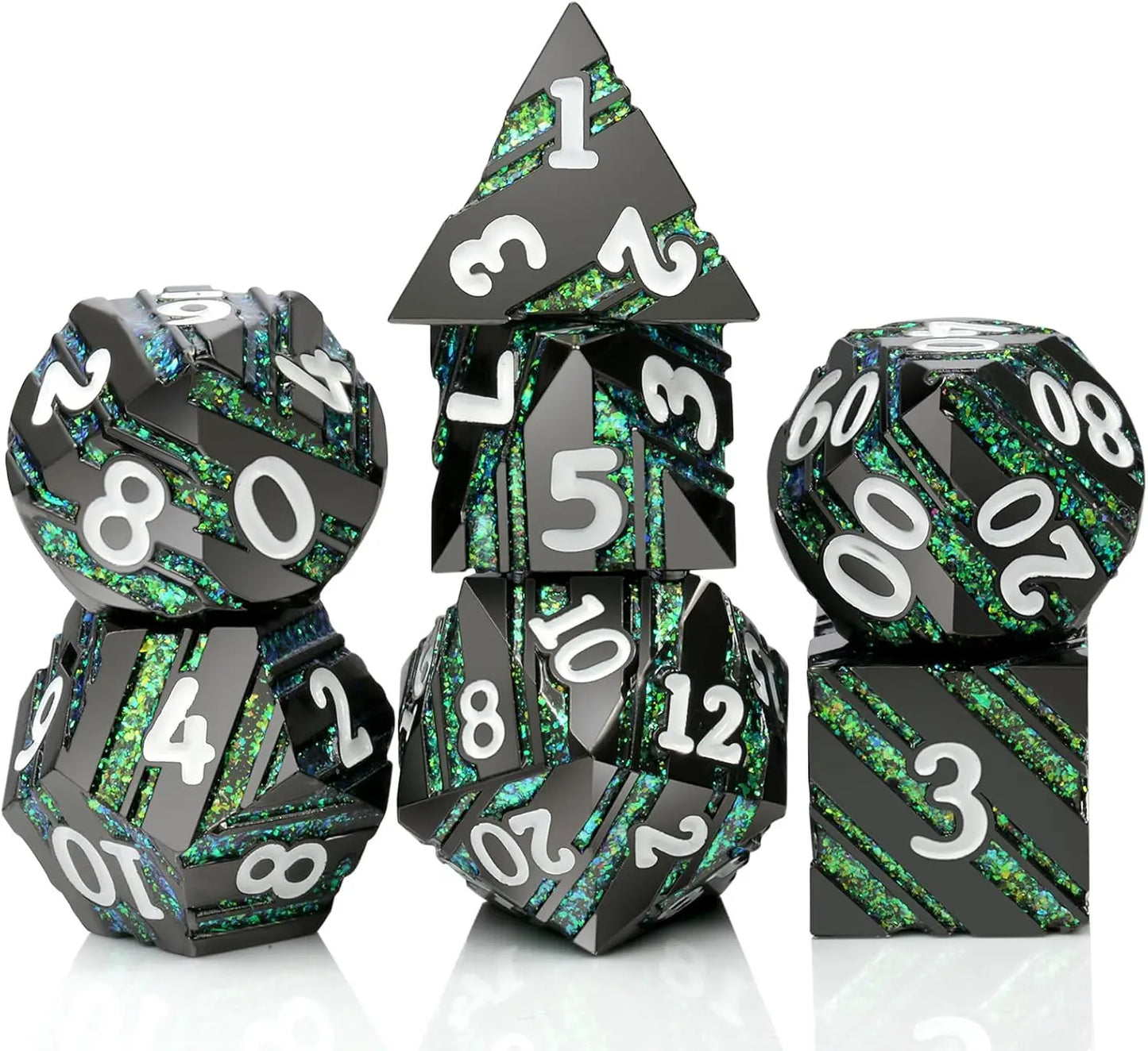 Stripe Metal Dice Set D&D,DNDND 7 PCS Zinc Alloy Metallic Dice Set with Great Package for Dungeons and Dragons DND and Talbletop Green