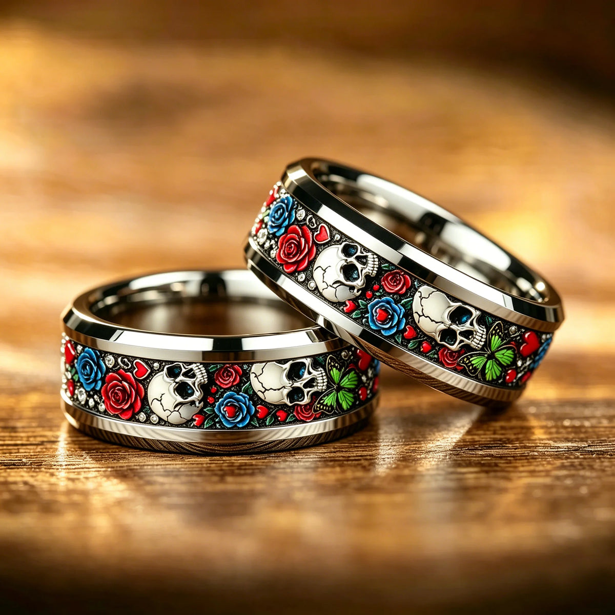 Cyberpunk Cool Red Rose Flower and Skull Ring Gothic Punk Men Stainless Steel Rings No Fade Rock Biker Jewelry Halloween Gift