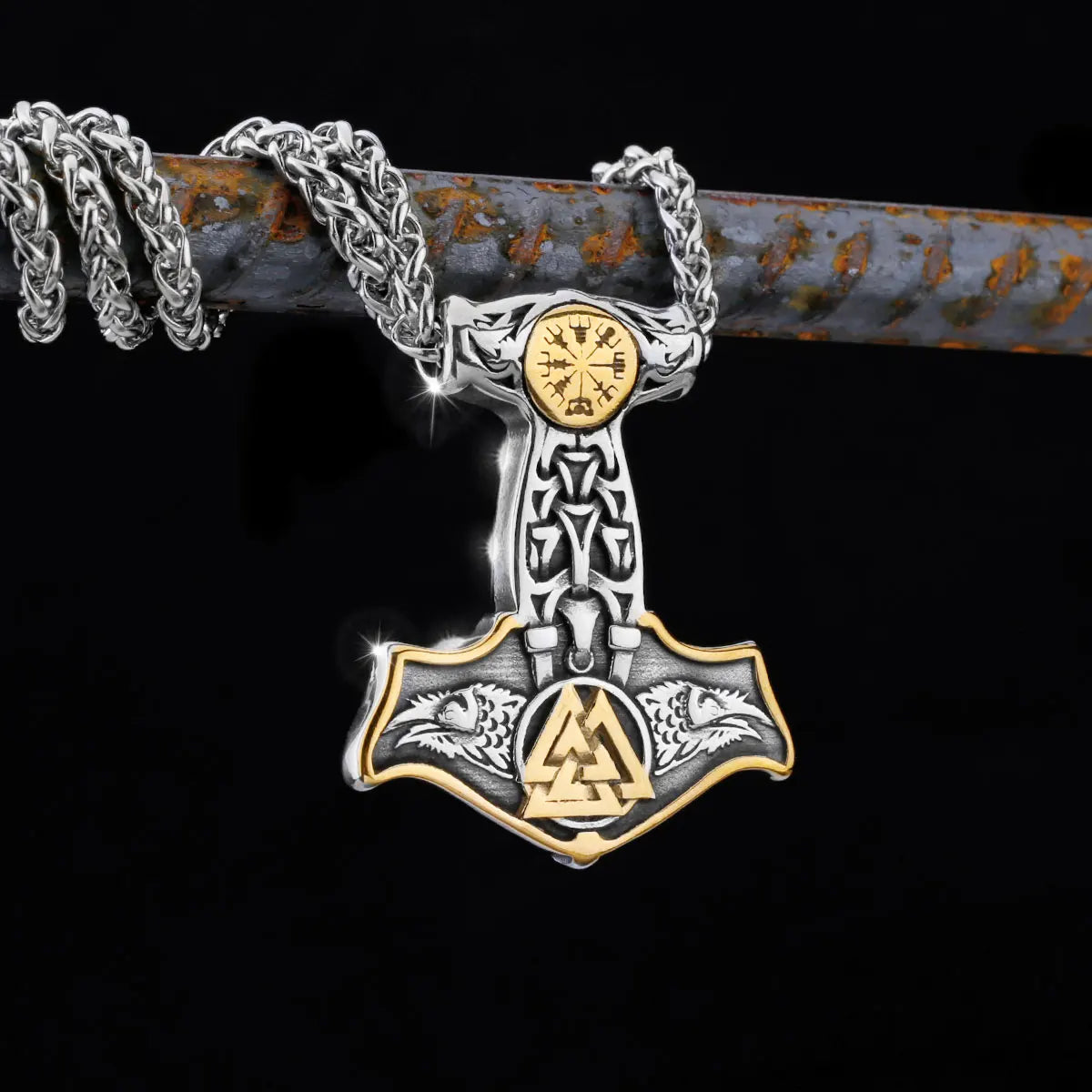 Vintage Thor's Hammer Raven Necklace Stainless Steel Jewelry Animal Nordic Viking Rune Jewelry Pendant Celtic Knot Gift