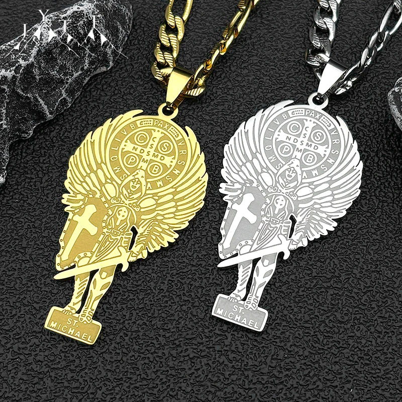 Archangel Saint Michael Stainless Steel Cross Necklace for Women Men Gold Color Benedict Pendant Necklaces Amulet Jewelry