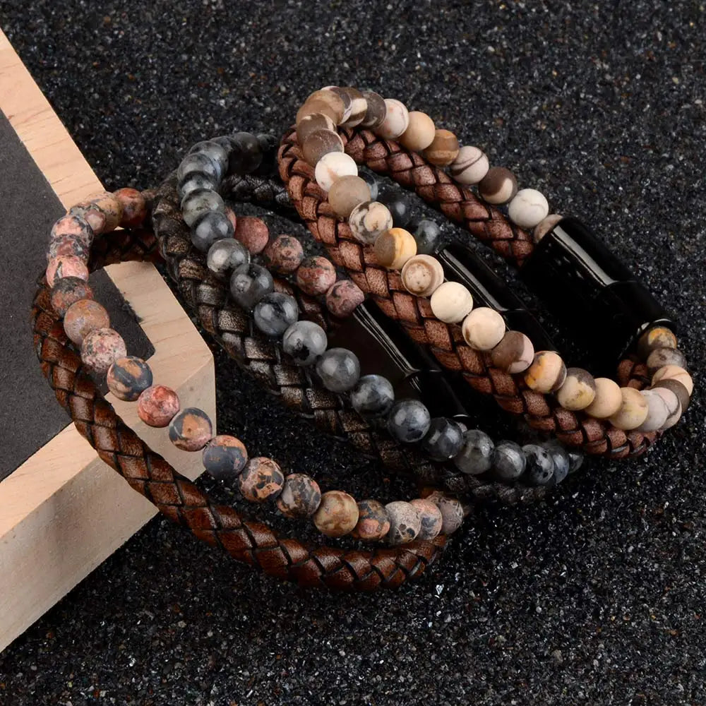 Natural Stone Bracelet Genuine Leather Braided Bracelets Black Stainless Steel Magnetic Clasp Tiger eye Bead Bangle Men Jewelry