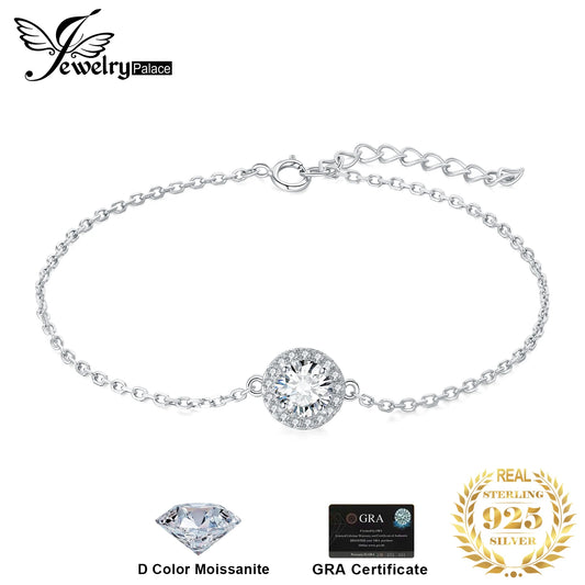 JewelryPalace Moissanite D Color 1ct Round 925 Sterling Silver Halo Adjustable Link Bracelet for Woman Yellow Rose Gold Plated