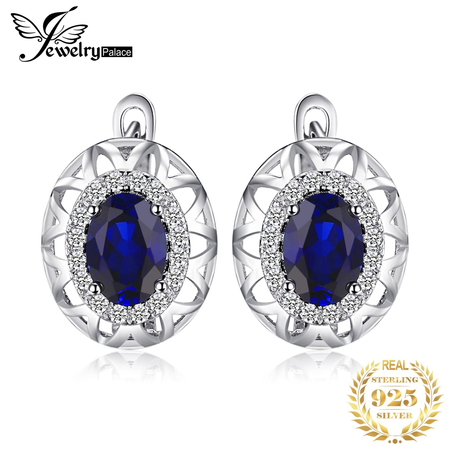 JewelryPalace Oval Cut Created Blue Sapphire 925 Sterling Silver Hoop Earrings for Women Fashion Statement Gemstone Jewelry