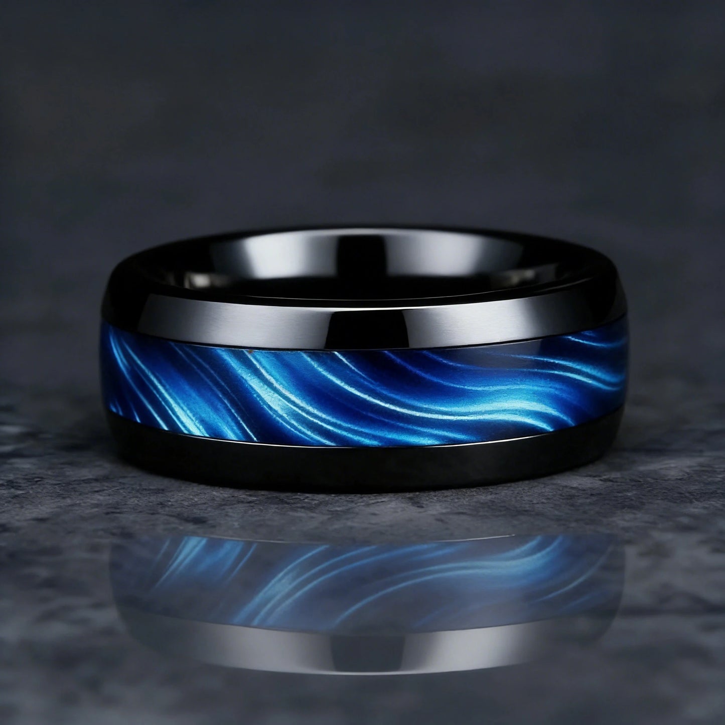 Blue Abalone Shell Inlay Rings for Men, Fashion 8mm Black Brushed Men Stainless Steel Rings, Wedding Band Jewelry Gift