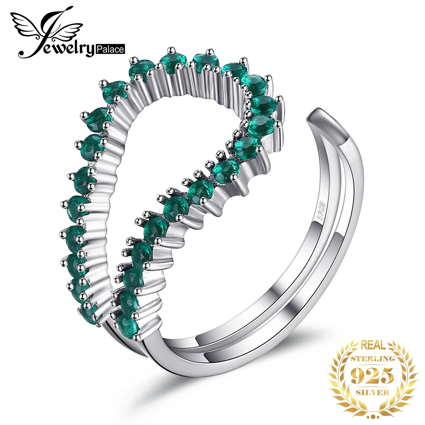 JewelryPalace Simulated Nano Emerald 925 Sterling Silver Open Adjustable Ring for Women Statement Green Gemstone Fine Jewelry