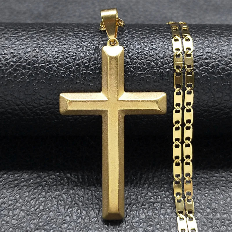 Christian Hip Hop Stainless Steel Jesus Cross Chain Necklace for Women Men Gold Color Statement Necklace Jewelry Collier Croix