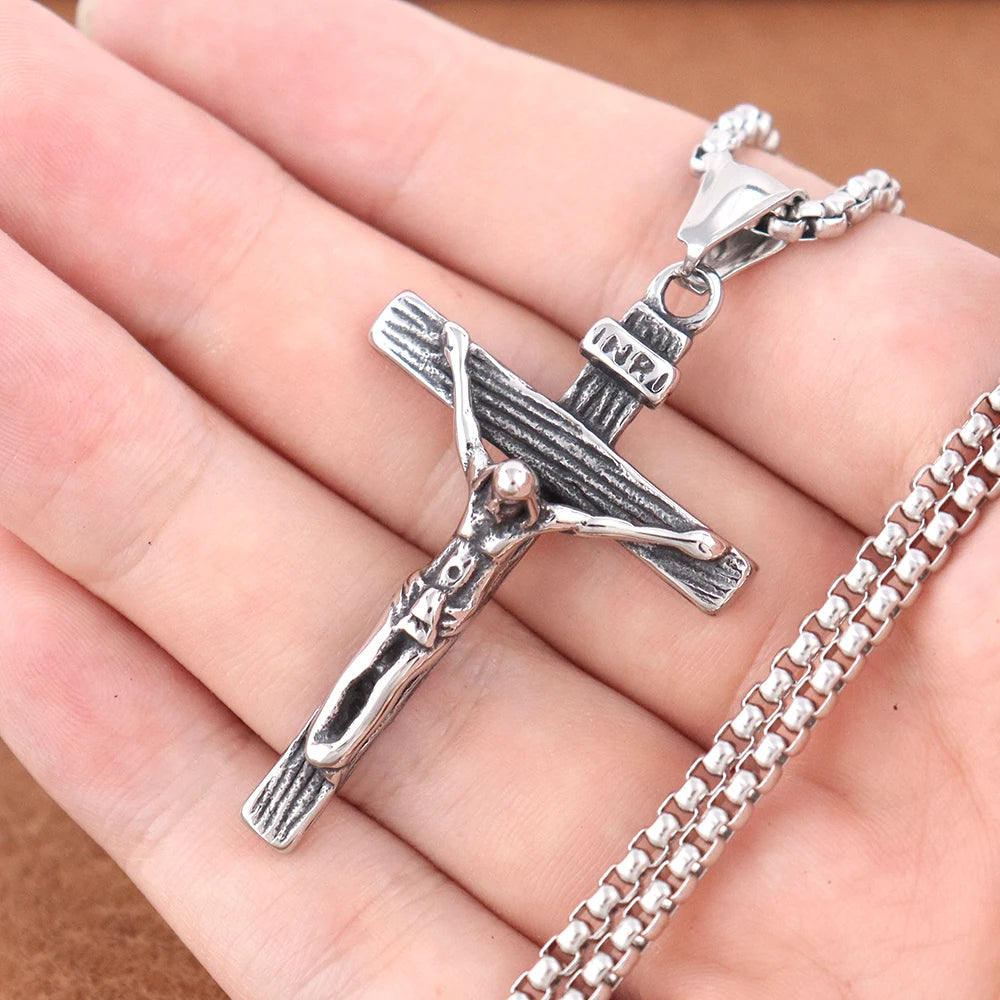 Vintage Stainless Steel Jesus Cross Necklace Men's Classic Religious Believer INRI Cross Pendant Jewelry Creative Gift