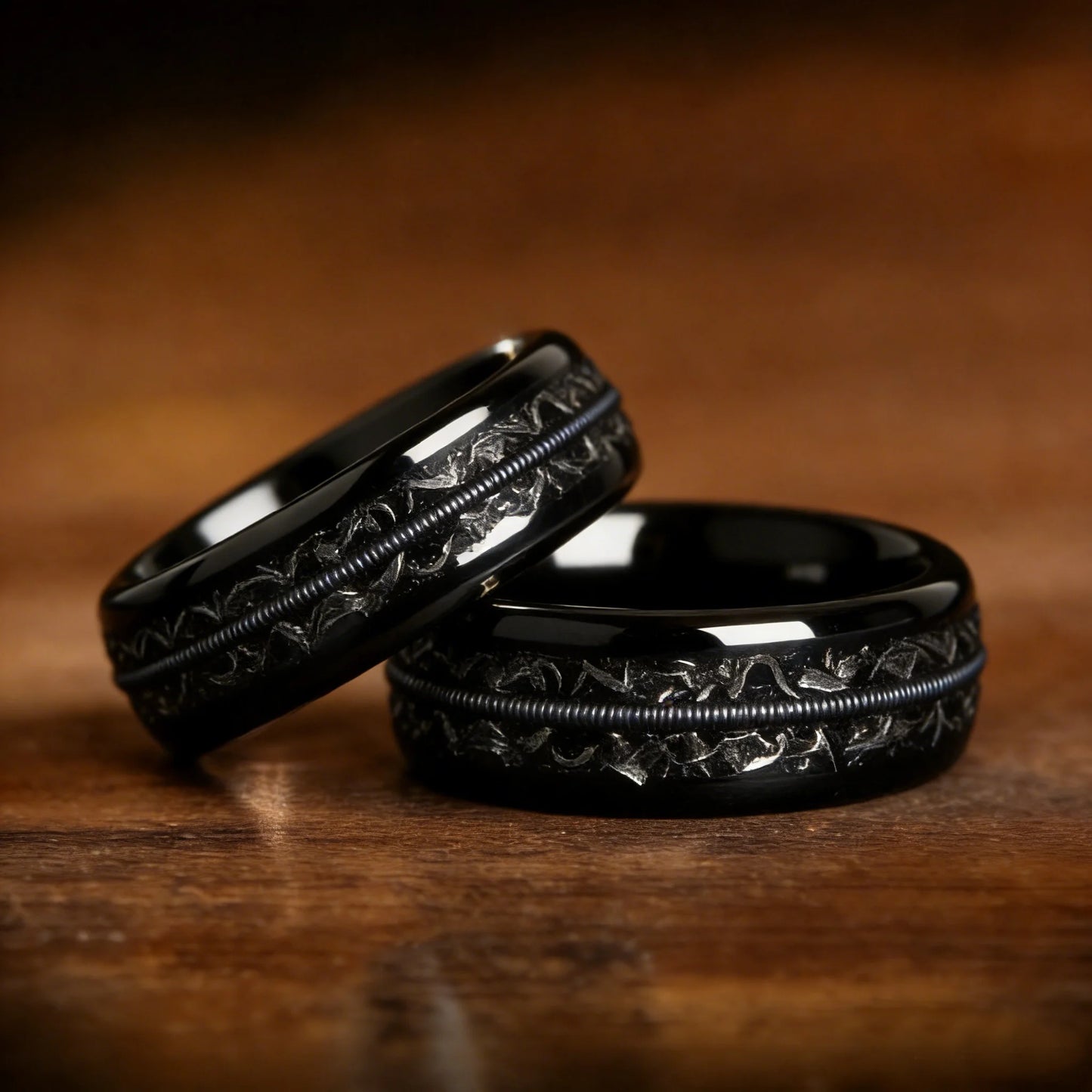 Fashion 8mm Black Stainless Steel Guitar String Rings for Men With Meteorite Inlay Guitarist Ring Men Wedding Band Jewelry