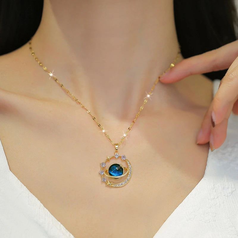 Stainless Steel Zircon Planet Star Pendant Necklace For Women Girl Elegant Aesthetic Clavicle Chain Necklace Jewelry Party Gift