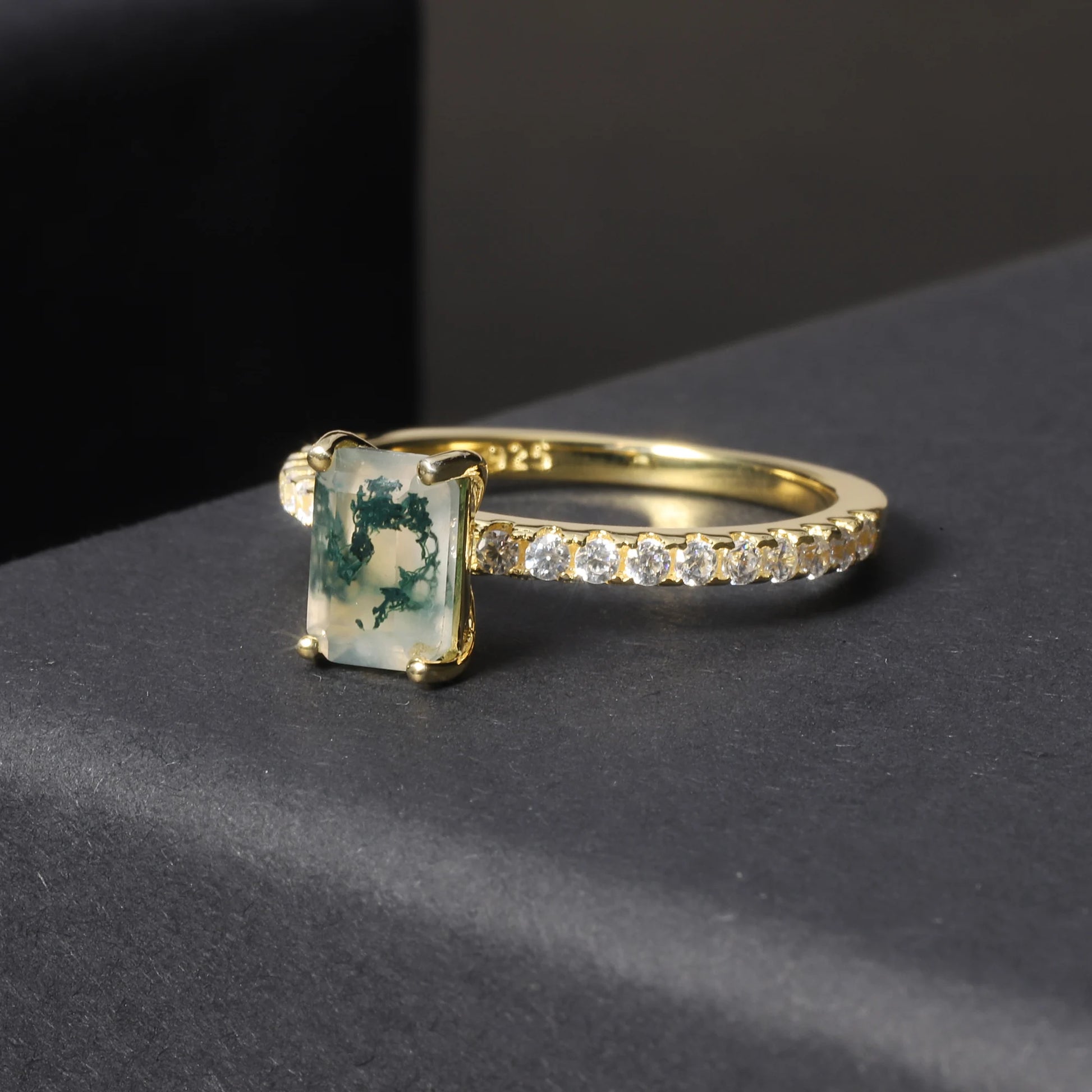 GEM'S BALLET Unique 0.88Ct 5x7mm Octagon Cut Pave Set Moss Agate Engagement Ring in 925 Sterling Silver Women's Gold Ring