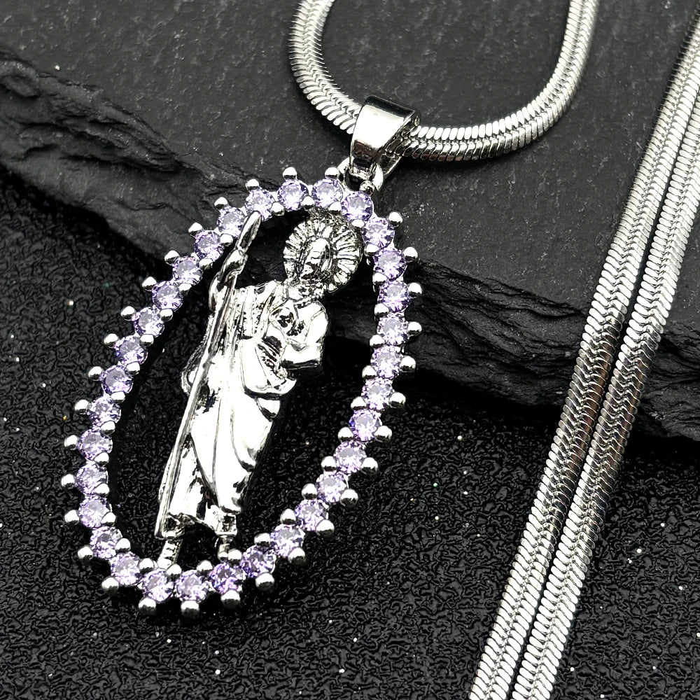 Saint St. Jude Thaddeus Zircon Shiny Necklace for Women Men Stainless Steel Gold Color San Judas Tadeo Necklaces Jewelry NGG43-4