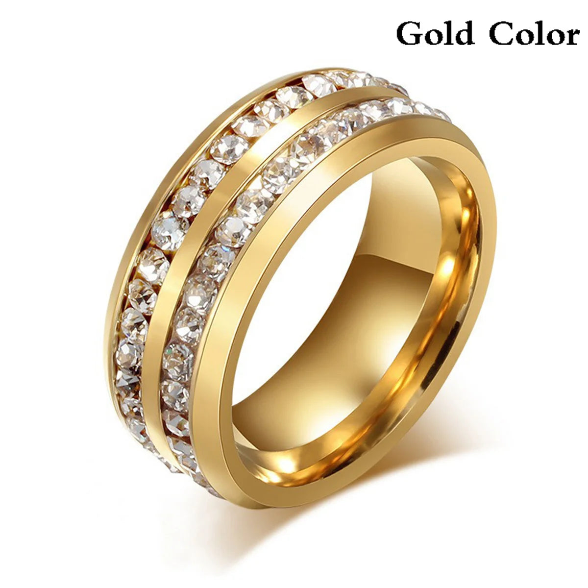 Fashion 8mm Double Row Rhinestone Stainless Steel Rings For Men Women Luxury Micro Paved CZ Crystal Rings Wedding Band Jewelry
