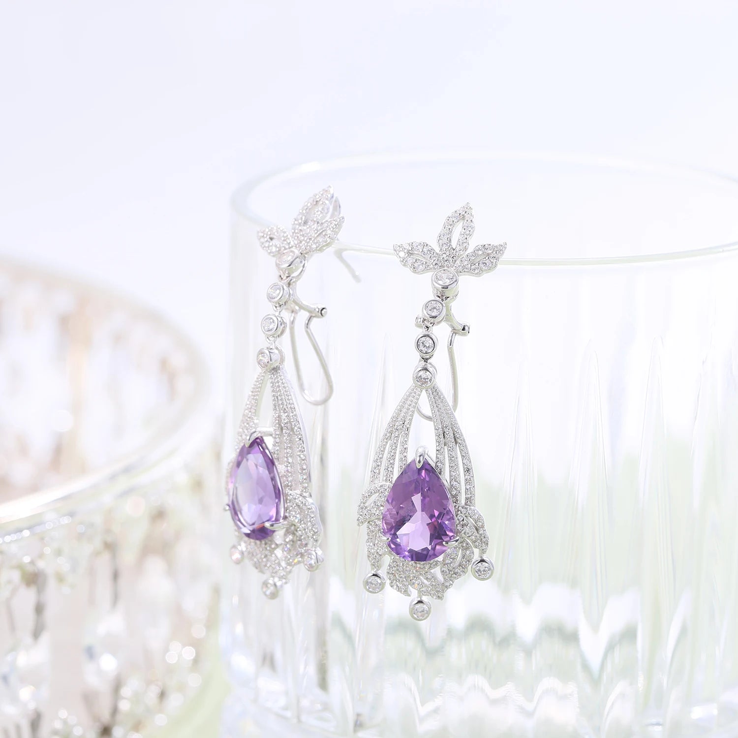 GEM'S BALLET Natural Amethyst Statement Earrings in 925 Sterling Silver Chandelier Earrings Luxury Bridal Jewelry Gift For Her
