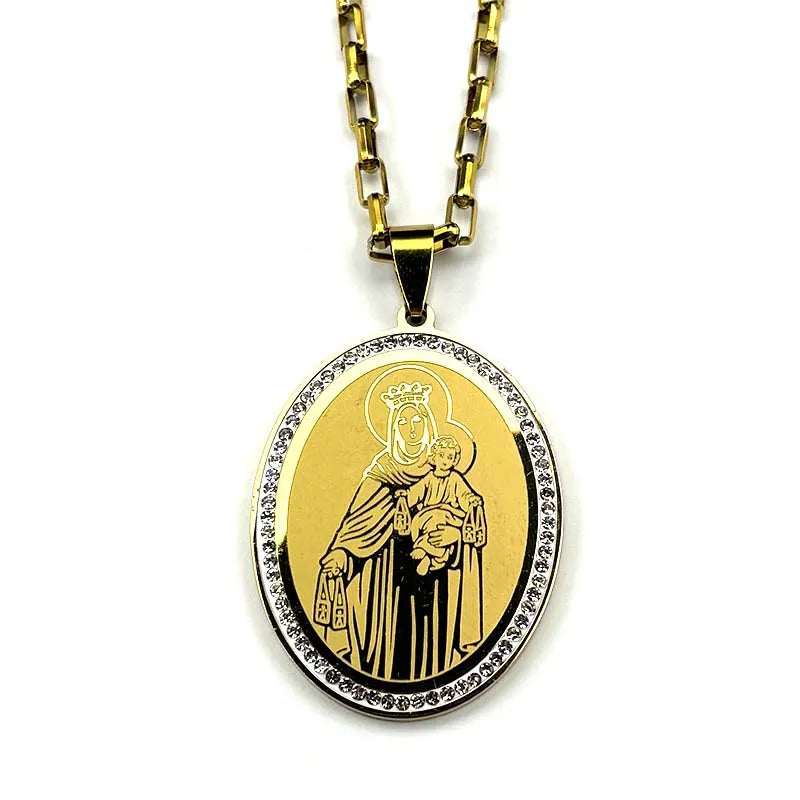 Virgin Mary Baby Jesus Pendant Necklace For Women Men Stainless Steel Rhinestones Gold Color Catholic Guadalupe Chain Jewelry