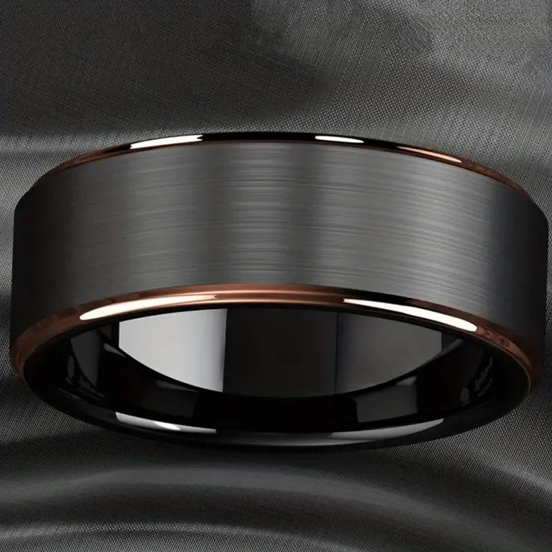 Fashion 8mm Black Brushed Stainless Steel Rings for Men Rose Gold Color Step Edge Men Promise Rings Wedding Party Jewelry Gifts