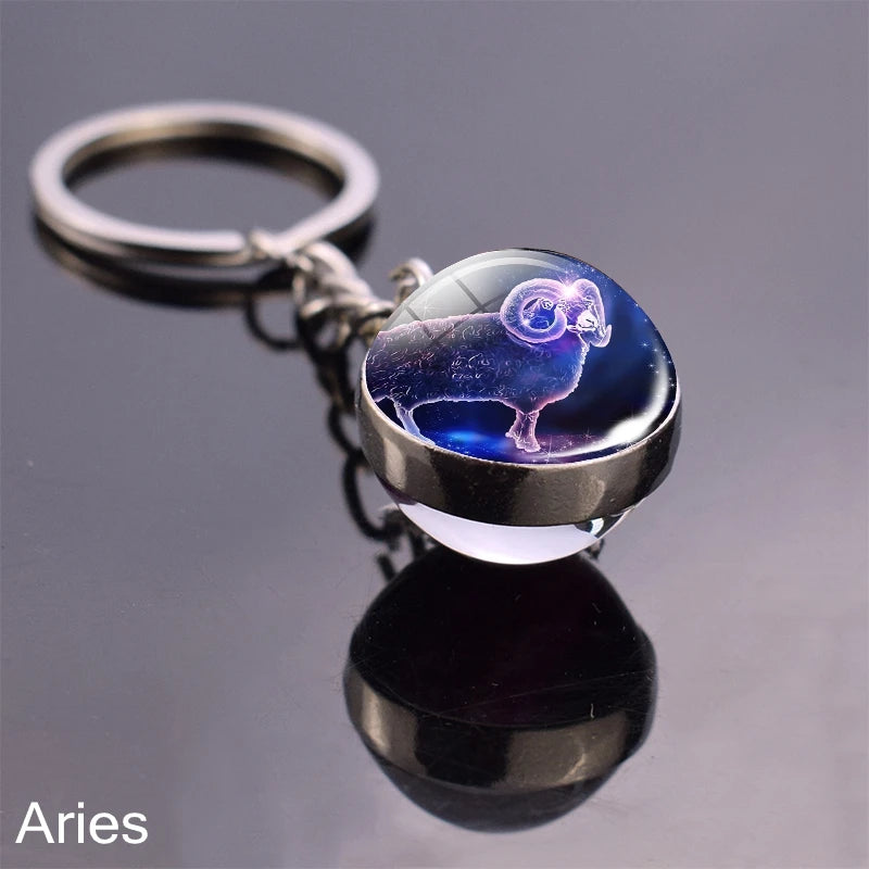 12 Zodiac Sign Keychain Sphere Ball Crystal Key Rings Scorpio Leo Aries Constellation Birthday Gift for Women and Mens Aries 1