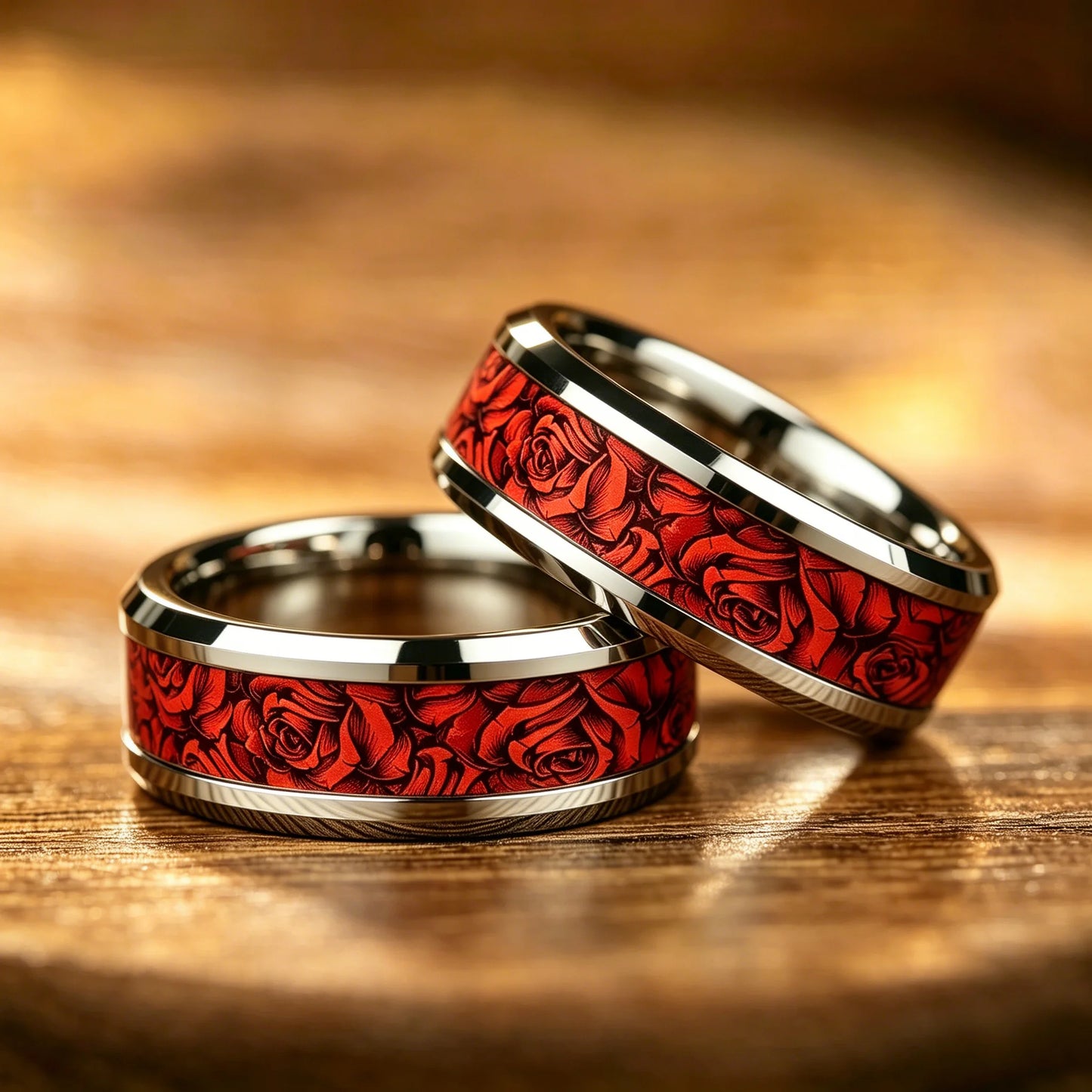 Vintage Red Rose Flower Inlaid Stainless Steel Ring High Polished Bevel Edge Wedding Band Retro Romantic Love Jewelry Gift