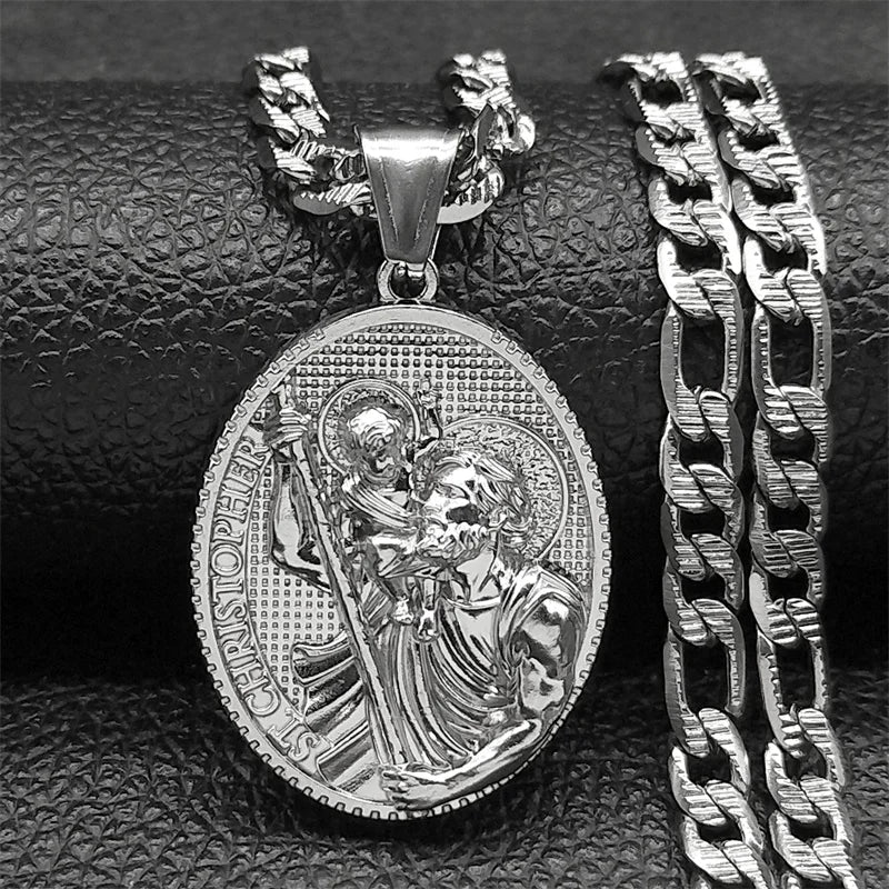 Religious ST.Christopher Protect Us Medal Necklace for Women Men Stainless Steel Silver Color Catholic Saint Chain Jewelry