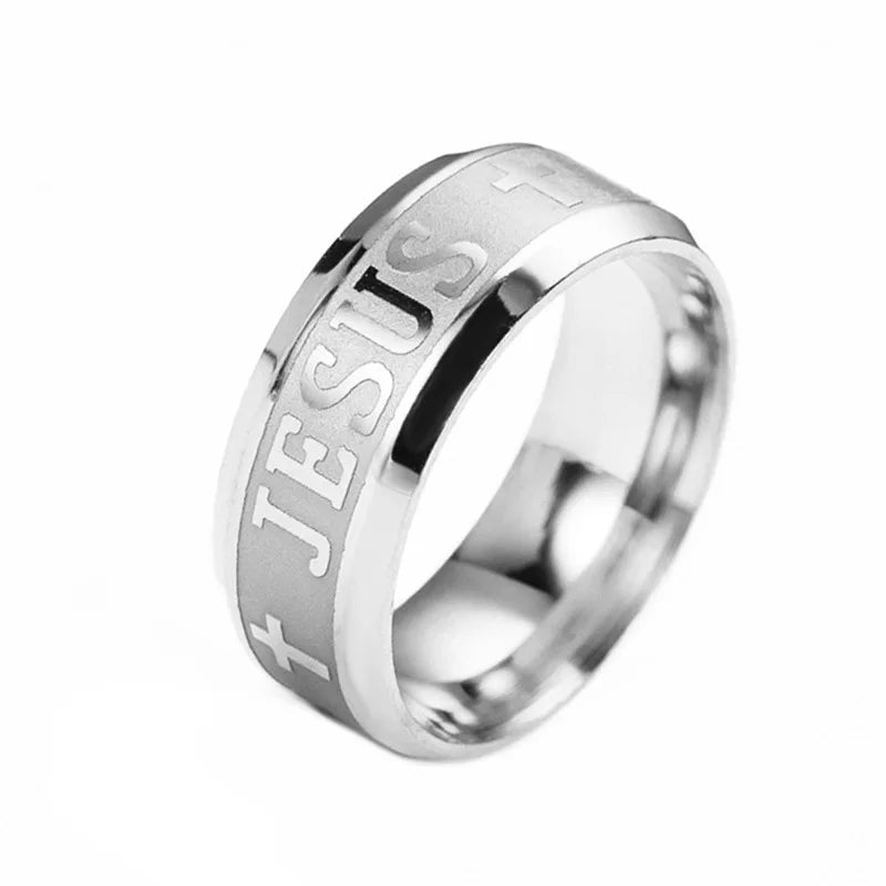 Stainless Steel Black Color Jesus Cross Letter Bible Prayer Finger Rings For Men 8mm Amulet Jewelry