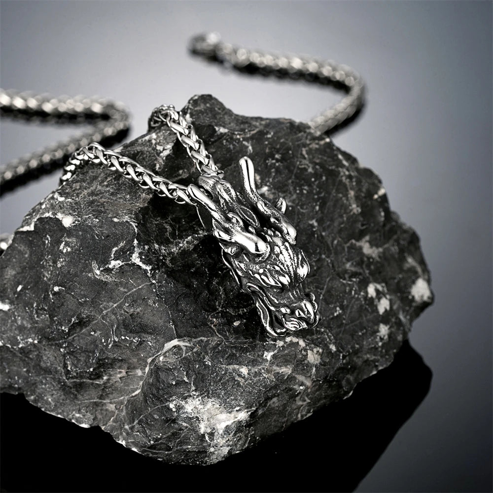 Classic Chinese Mythology Dragon Head Pendant Necklaces Men Stainless Steel Ethnic Accessories Charm Lucky Amulet Jewelry Gifts