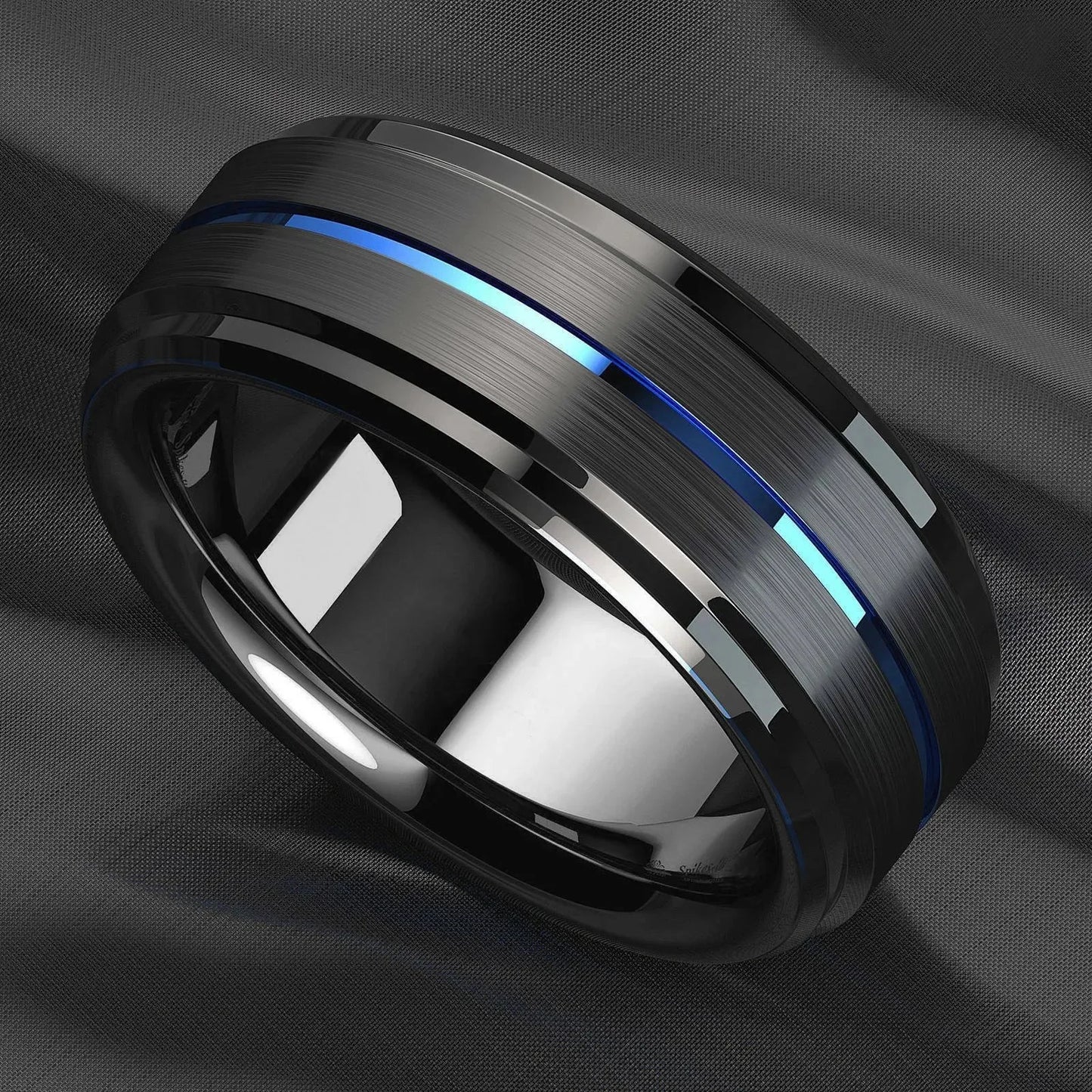 Fashion 8mm Stainless Steel Rings For Men Women Blue Groove Step Edge Black Brushed Engagement Rings Wedding Anniversary Jewelry