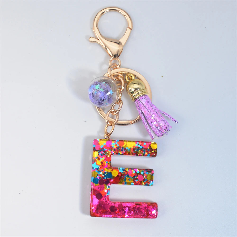 Colorful Letter Keychain Pendant Glitter Sequin Resin Key Chain Tassel Charms With Ball Keyring Jewelry For Women Bag Ornaments E