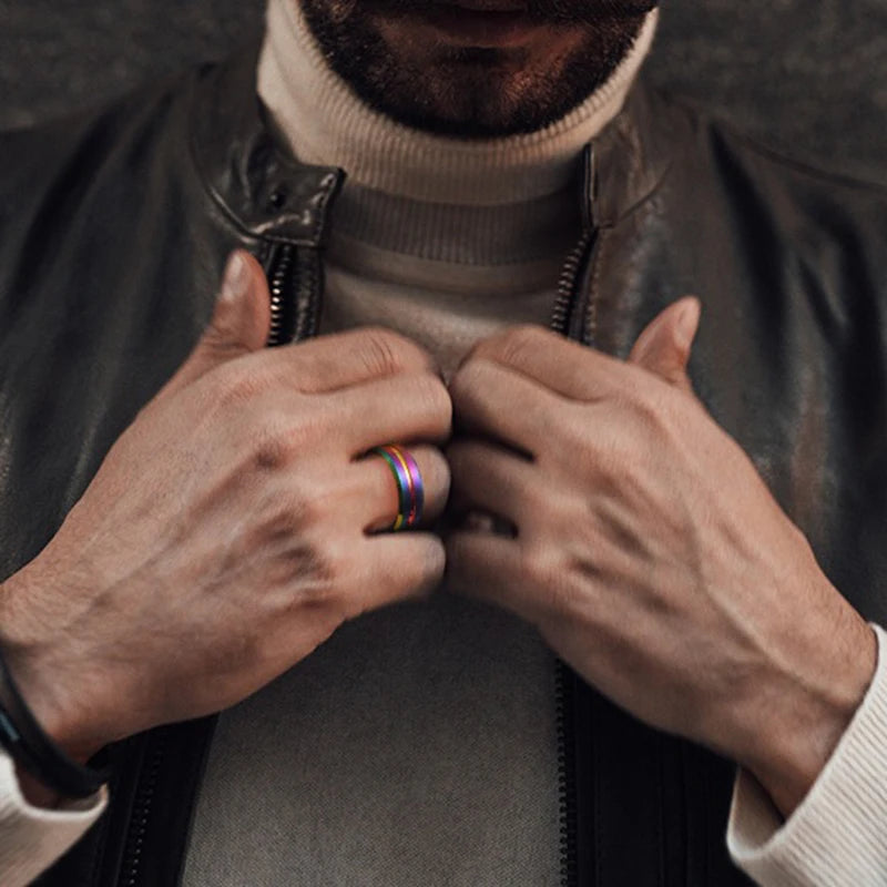 Simple 8mm Rainbow Color Stainless Steel Rings For Men Women Colorful Matte Brushed Men Rings Wedding Band Jewelry Drop Shipping